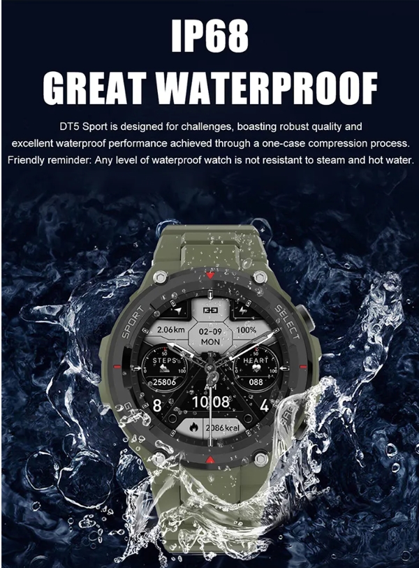 Outdoor Waterproof IP68 Smartwatch Sport DT5 For men and Women